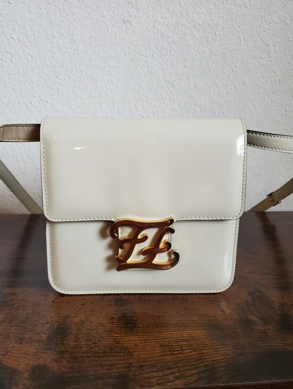Fendi Cream Patent Leather Karligraphy Bag